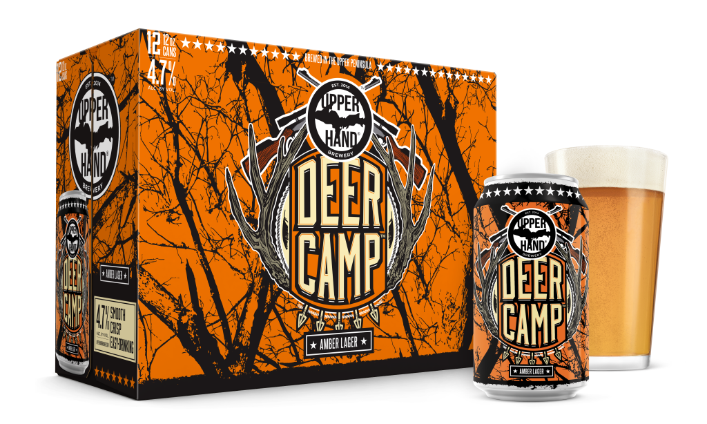 Deer Camp Amber Lager 12-pack, single can, and pint glass