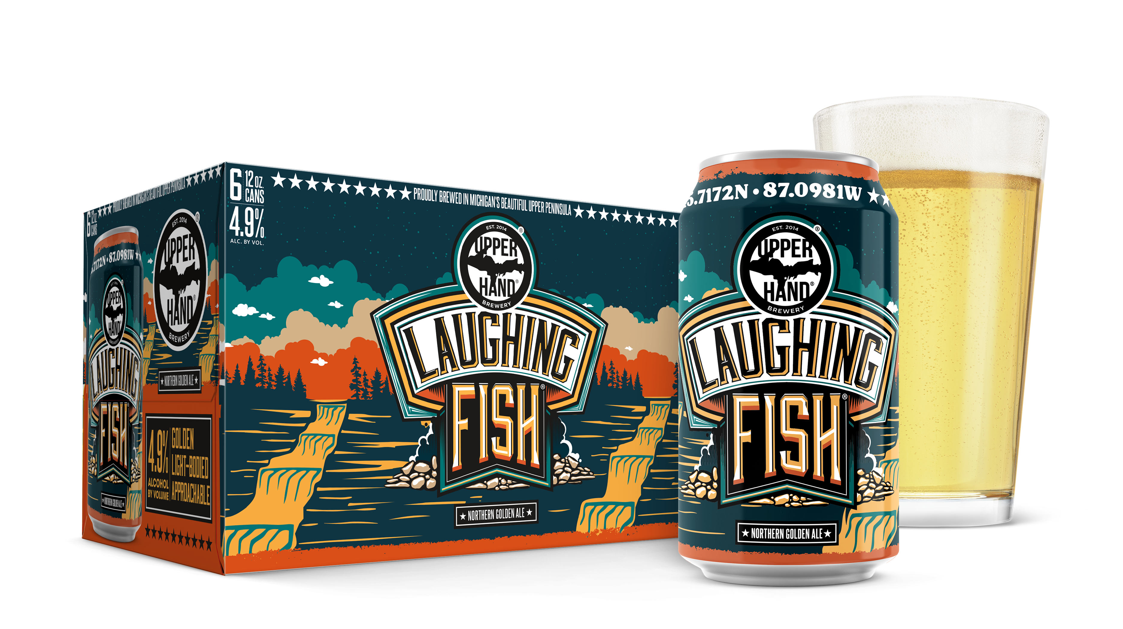 Laughing fish product, can, and glass